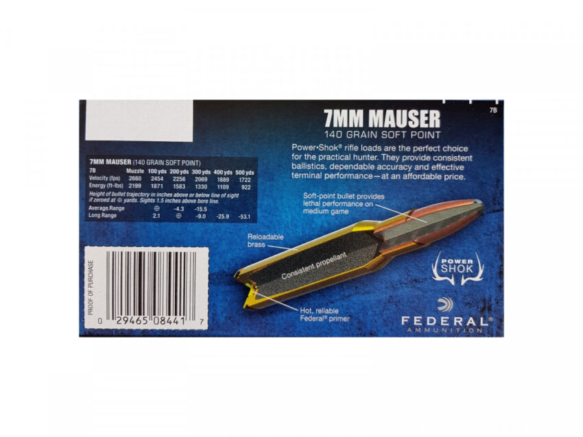 7 x 57 (7mm Mauser) Federal Power-Shok 140gr/9.07g SP RN (7B) - Image 2